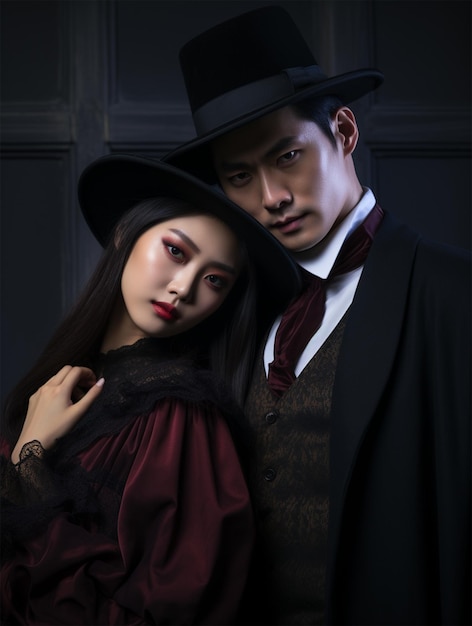 halloween concept of young asian woman in costume witch and asian man in costume dracula