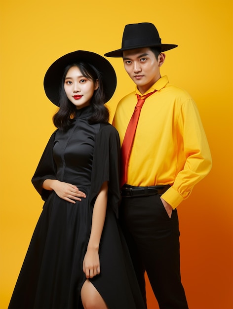 halloween concept of young asian woman in costume witch and asian man in costume dracula