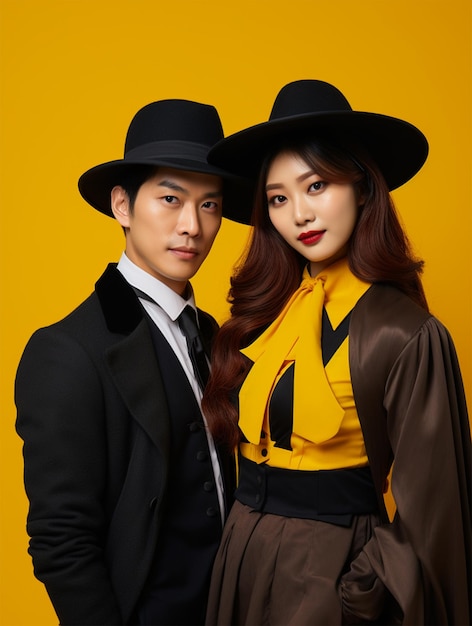 halloween concept of young asian woman in costume witch and asian man in costume dracula