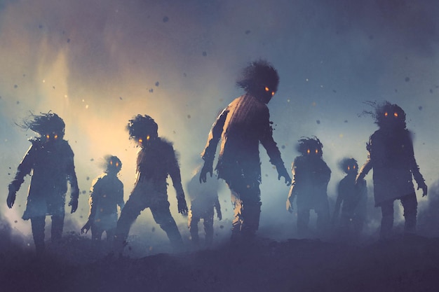 halloween concept of zombie crowd walking at night, digital art style, illustration painting