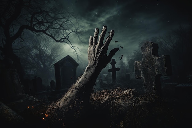 Halloween Concept A zombie hand rising from the ground