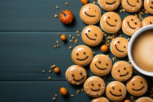 Halloween cookies and candy on table with bokeh background