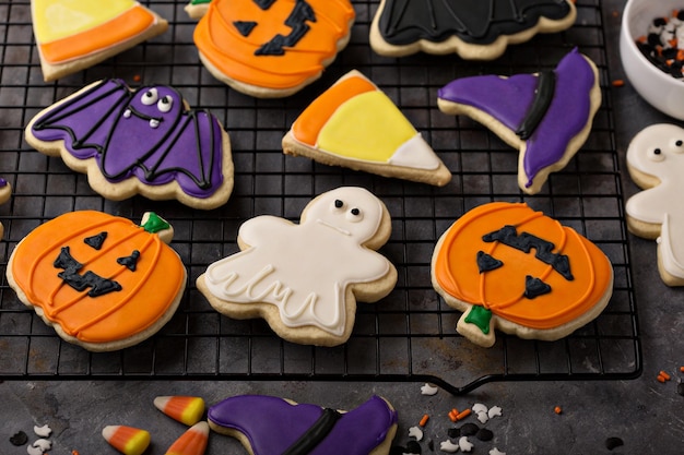 Halloween cookies on a cooling rack