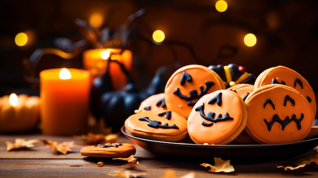 Halloween cookies on a plate spooky background