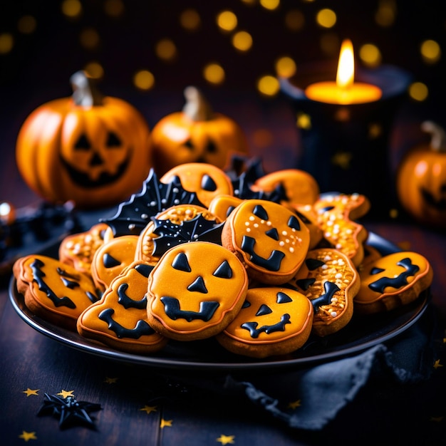 Foto biscotti di halloween su un piatto sullo sfondo inquietante