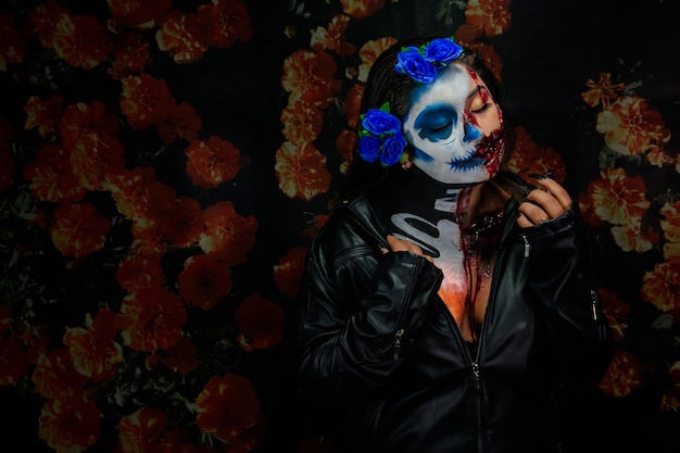 Halloween costume and makeup Portrait of Calavera Catrina Zombie Portrait of a woman