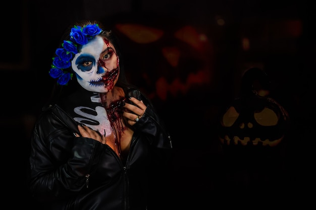 Halloween costume and makeup Portrait of Calavera Catrina Zombie Portrait of a woman