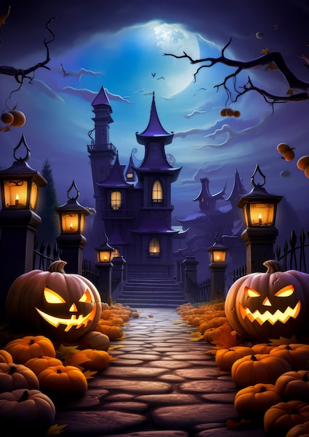 Halloween creepy night spooky 3d cartoon style with pumpkin and castle for potrait banner