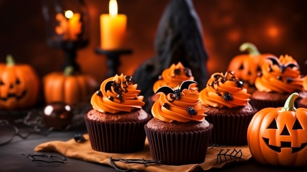 Halloween cupcake arrangement with pumpkins and candles background