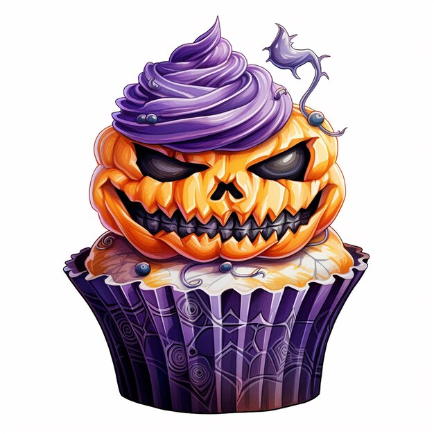 ハロウィーンのカップケーキは、水彩イラストのスタイルで白い背景にフロスティングを層状にしました