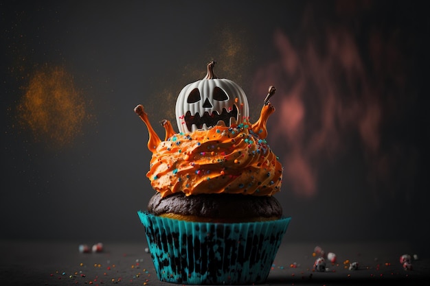 Photo halloween cupcake pumpkin ghost and jack olantern at a halloween party dessert muffin adorned with frosting icing and colored sprinkles background that is dark with copy space superior photogr