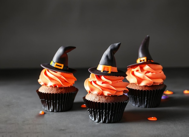 Photo halloween cupcakes decorated witch hat on dark background