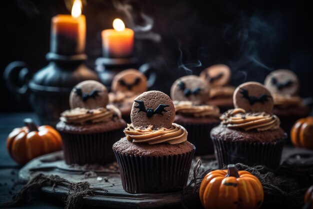 Halloween cupcakes met een griezelige vleermuis erop