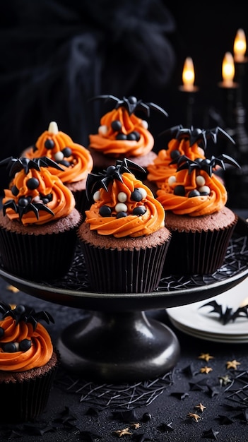 halloween cupcakes met oranje en zwarte decoraties op een bord