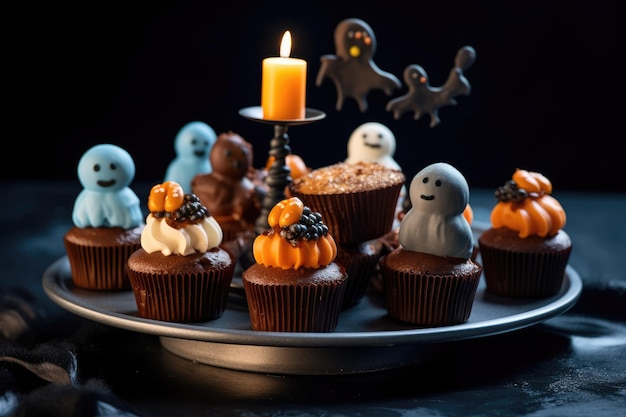 Halloween-cupcakes op een zwarte plaat in de vorm van geesten in de stijl van donkere amber en grijze generatieve AI