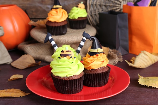 Halloween cupcakes on plate on the table