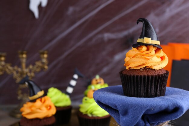 Halloween cupcakes on table