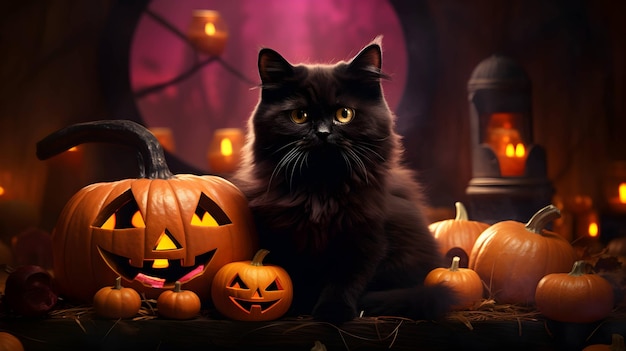 ハロウィーンの可愛い黒い猫と南瓜のランタンのAI生成画像