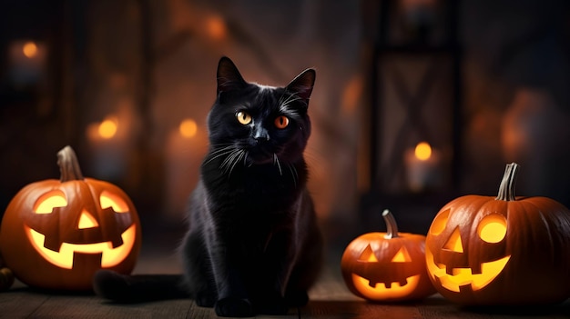 Halloween cute black cat and pumpkin lanterns AI generated image