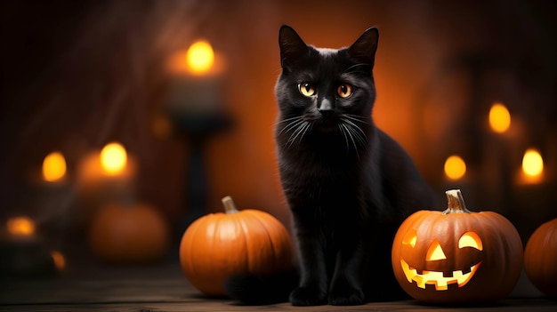 Halloween cute black cat and pumpkin lanterns AI generated image