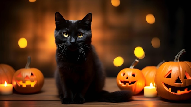 Halloween cute black cat and pumpkin lanterns ai generated image