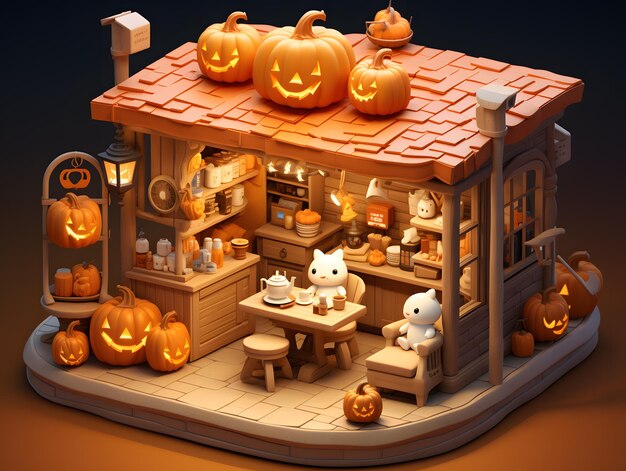 Halloween cute coffee shop with cats pumpkins and ghosts 3d render illustration