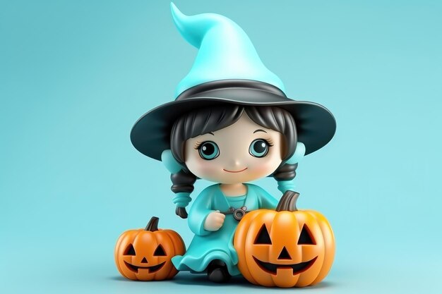 Halloween cute little witch with a pumpkin