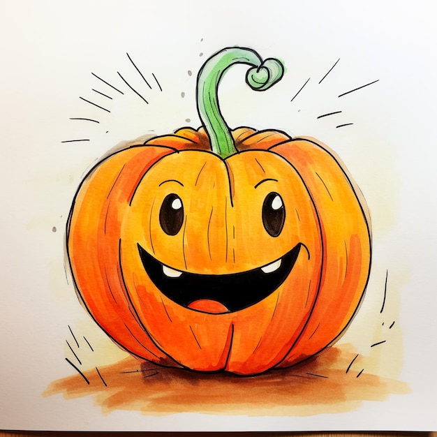 Halloween Cute Pumpkin Pencil Color Kids Drawing ai generated