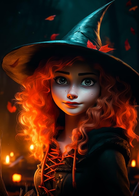 ハロウィーンのかわいい魔女の女の子 3 d キャラクター漫画スタイルの肖像画の背景バナー