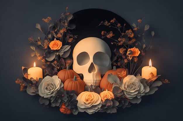 halloween dag van de dode schedel met bloemen in een cirkel papier kunst stijl ai gegenereerd achtergrond