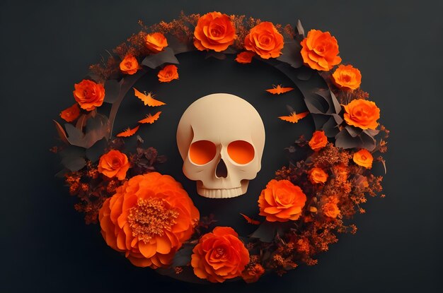 halloween dag van de dode schedel met bloemen in een cirkel papier kunst stijl ai gegenereerd achtergrond