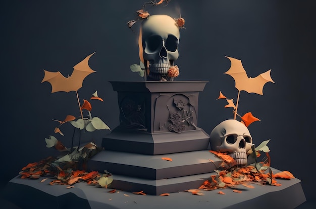 halloween dag van de dode schedel op een podium papier kunst stijl ai gegenereerde achtergrond