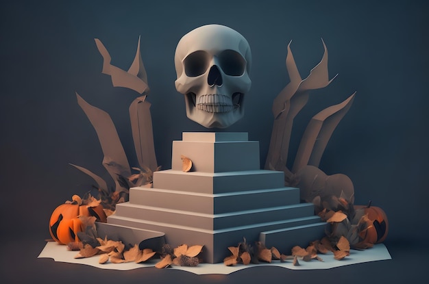 halloween dag van de dode schedel op een podium papier kunst stijl ai gegenereerde achtergrond