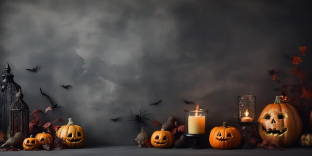 Halloween dark background pumpkin with candles smoke and bats on black background Big spooky helloween symbol empty space for text