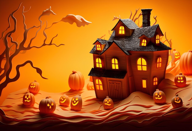 Halloween dark background with spooky house tree orange pumpkin Happy Halloween banner Illustration