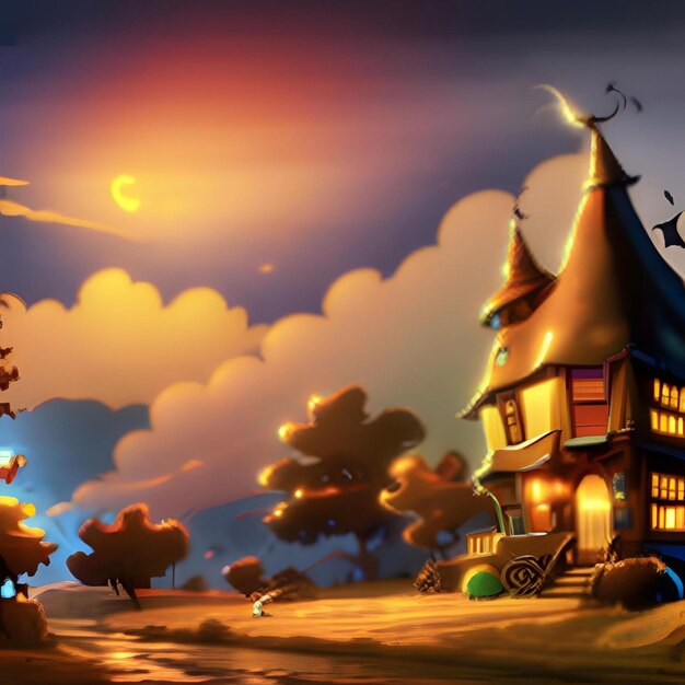 Halloween dark night some devils trees shadows 4k color old damaged house