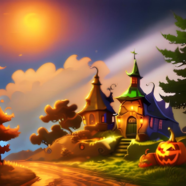 Halloween dark night some devils trees shadows 4k color old damaged house