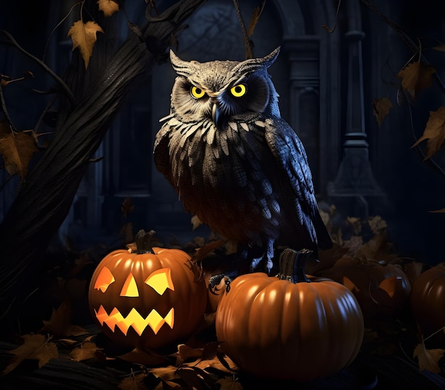 Halloween Dark Owl zittend op pompoen in Dark Night Ai gegenereerd