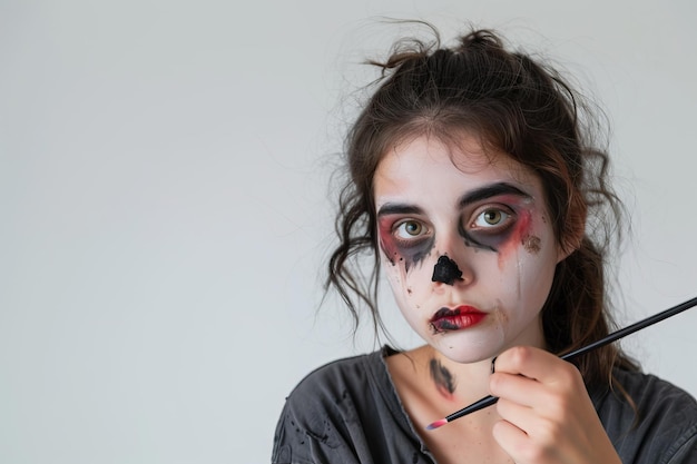 Concept del giorno di halloween giovane donna che fa un po' di trucco con effetti speciali isolata su uno sfondo bianco