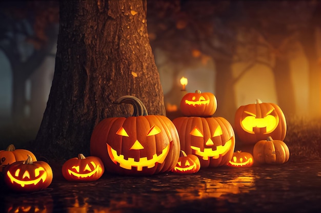 Jack O' Lanterns의 할로윈 데이 눈 속임수 또는 Samhain All Hallows' Eve All Saints' Eve All 할로윈 으스스한 Horror Ghost Demon 배경 10월 31일 3Drender