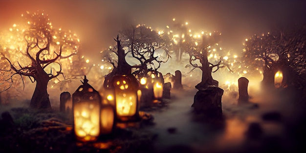 Jack O' Lanterns의 할로윈 데이 눈 속임수 또는 Samhain All Hallows' Eve All Saints' Eve All 할로윈 으스스한 Horror Ghost Demon 배경 10월 31일