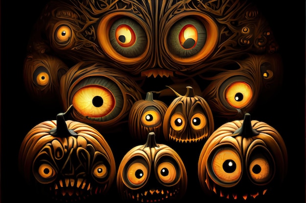 Jack O' Lanterns의 할로윈 데이 눈 속임수 또는 Samhain All Hallows' Eve All Saints' Eve All 할로윈 으스스한 Horror Ghost Demon 배경 10월 31일