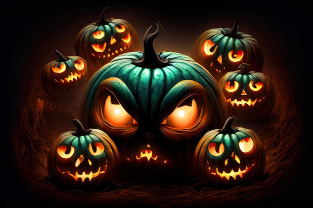 Jack O' Lanterns의 할로윈 데이 눈 속임수 또는 Samhain All Hallows' Eve All Saints' Eve All 할로윈 으스스한 Horror Ghost Demon 배경 10월 31일