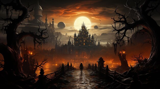 Halloween Day Halloween Spooky Night A haunted castle in a spooky landscape of fog and shadows