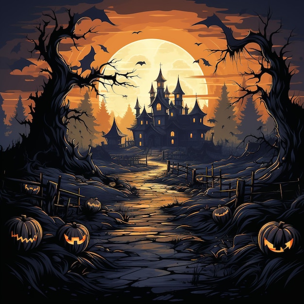 Halloween Day Halloween Spooky Night A haunted castle in a spooky landscape of fog and shadows