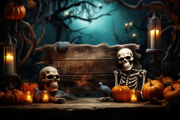 Halloween Day Skeleton and Pumpkins in graveyard at full moon night Holiday event halloween banner background concept Created with Generative Ai Technology