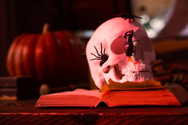 Foto halloween decor tegen een witte donkere houten achtergrond pompoen met schedel halloween thema