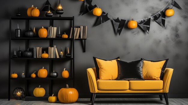 A halloween decor with pumpkins and a yellow couch ai