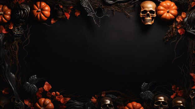 Halloween decoratie achtergrond metalen schedel en pompoen horror concept sfeer achtergrond