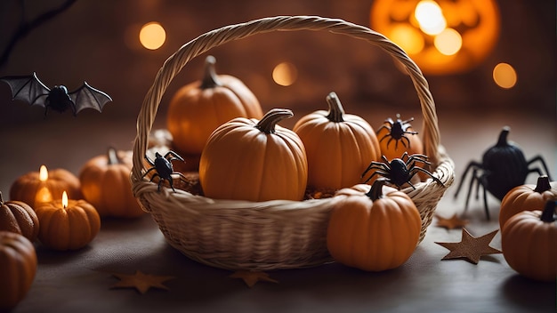 Halloween-decoratie met pompoenen, spinnen en vleermuizen op donkere achtergrond